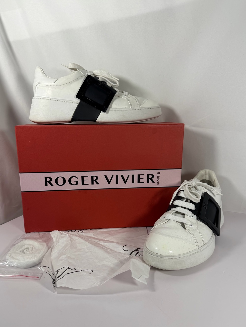 Roger Vivier Viv’ Skate Metal Buckle White Leather Sneakers Size 39